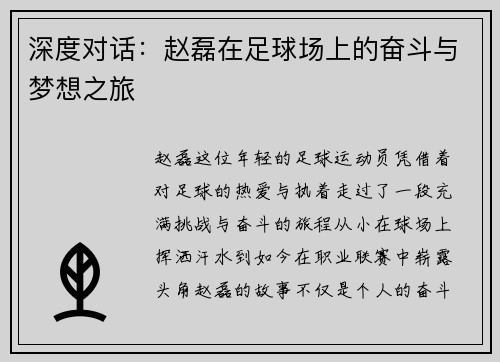 深度对话：赵磊在足球场上的奋斗与梦想之旅